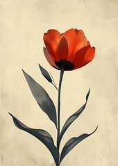 Floral Art of a Single Red Flower with Black Stem on Cream Grunge Background