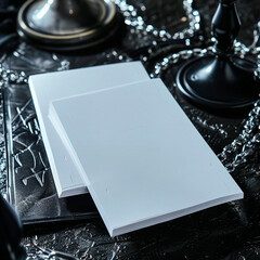 Photo of blank business cards and black stone background. Template for ID.