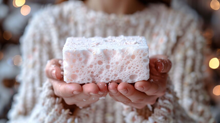 Close-up of hands holding a handmade bar of soap with a creamy texture, against a cozy, blurred background with warm lights. - 783059314