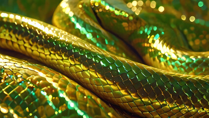 Obraz premium luxury New Year's banner Background with symbol of 2025 for year of snake. shiny snakeskin shimmering with green golden light. abstract animal print and scale texture