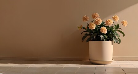 empty beige wall. Minimal style interior, ceramic vase house plant, ceramic tiles on the floor. 3d render of minimalistic interior design. Scandinavian empty room mock up with copy space