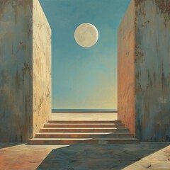 Minimalist Stone Architecture Painting with Moon and Ocean Background