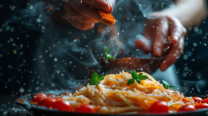 Close-up of a chef's hands garnishing freshly cooked pasta with spices, surrounded by a dynamic burst of herbs and tomato accents, highlighting the art of culinary preparation.