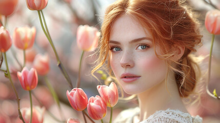 Obraz na płótnie Canvas Portrait of a young woman with red hair and freckles, posing amidst blooming pink tulips in soft, natural light, conveying a sense of spring and natural beauty.