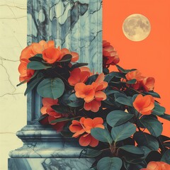 Red Flowers Enveloping Marble Column, Moonlit Background, Abstract Art 