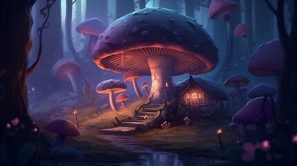 Beautiful house of cute cartoon mushrooms, fall season. Mushroom house in the forest. Magic house. Mushrooms.