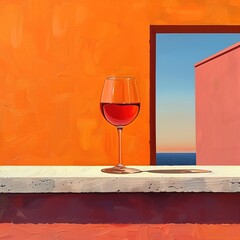 Red Wine Glass in Sunlight with Ocean View Stone Window, Summer Painting, Pastel Colors 