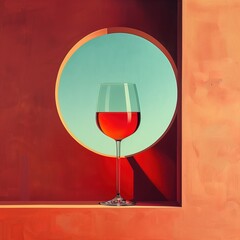 Painting Of Red Wine Glass on Stone Ledge by Circular Window, Sunlight and Shadows, Wall Art
