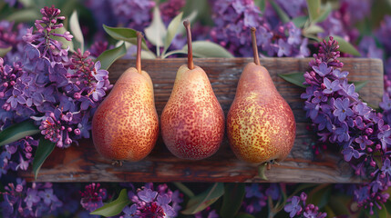 Three ripe pears on a rustic wooden board surrounded by vibrant purple lilac flowers.