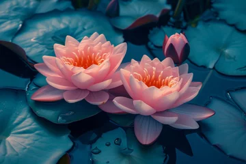 Foto op Canvas Tranquil pond landscape with two blooming pink lotus flowers and water lilies in the background © VICHIZH