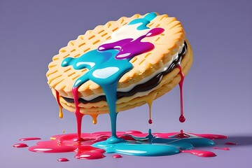 A vibrant, artistic image of a cookie sandwich splashed with colorful paint on a purple background....