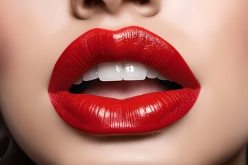 Fototapeta premium Close-up of vibrant red lips with a glossy finish, reflecting light. Perfect for beauty, makeup, and fashion concepts. generative ai