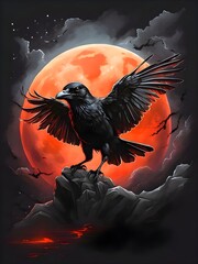 A black crow mid flight in front of the full moon
