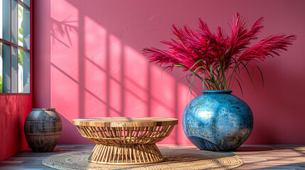 Modern interior design with a vibrant pink wall, shadow patterns from window light, a blue ceramic vase with red foliage, and a wooden table.