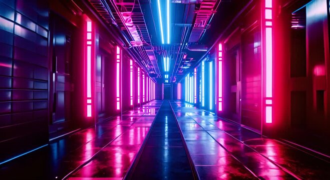 Abstract background with glowing neon lines in blue and ultraviolet colors. Synth wave retro futuristic virtual room	