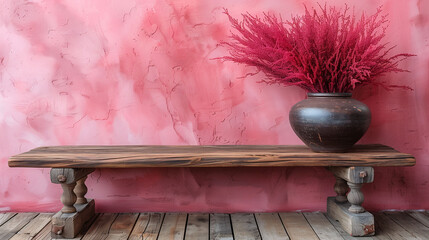 Rustic wooden bench with a decorative ceramic vase holding vibrant red branches against a textured pink wall, creating a warm, inviting interior design element. - 783060366
