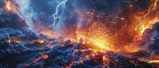 Volcanic lightning, close up, sharp strikes, dramatic contrast, night eruption