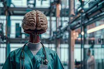 Visionary Medical Practitioner with Anatomical Brain Head in Futuristic Hospital Setting
