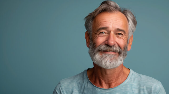 A man with a beard and gray hair is smiling and posing for a picture. He is wearing a green shirt and has his arms crossed. Happy mature man on a solid background