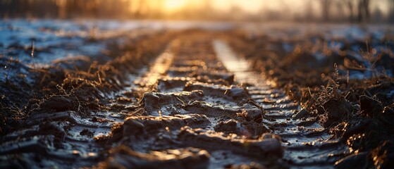 Tractor tracks in mud, close up, detailed texture, soft focus, early morning