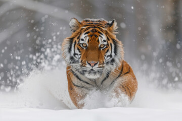 Fototapeta na wymiar A Siberian tiger in motion, with a blurred background in the snowy taiga