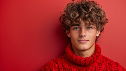 Portrait of a young male with curly hair wearing a red turtleneck sweater, isolated on a red background with a confident, approachable expression. - 783060559