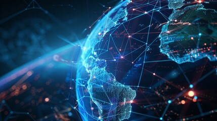 Global network connectivity and high speed data transfer depicted in the digital world globe concept