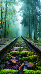 Abandoned railway tracks in forest, covered with leaves and moss. Mystical landscape. Adventure travel. Generative AI - obrazy, fototapety, plakaty