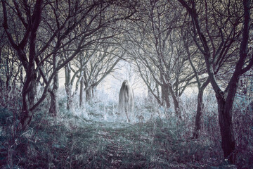 Przerażająca, straszna postać między drzewami | Scary character between trees - obrazy, fototapety, plakaty
