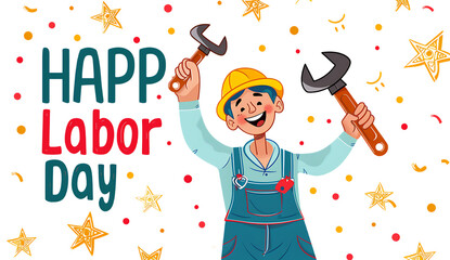 A cartoon man wearing overalls holding up a wrench and smiling, text 