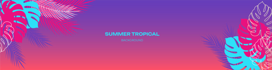Colorful summer banner, background with tropical plant leaves. Vector illustration