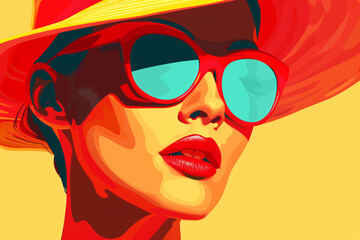 A woman wearing a red hat and sunglasses. The woman is smiling and looking at the camera. female model illustration, fresh bright colors. lady red