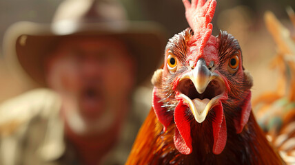 A man is standing next to a chicken with a red beak. The man is wearing a hat and he is surprised by the chicken's actions. farmer fighting a giant chicken - obrazy, fototapety, plakaty