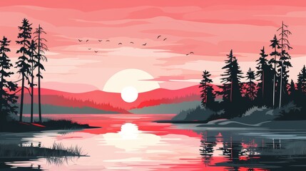 Minimalistic digital illustration of a serene summer sunrise at the tranquil lake with flat design