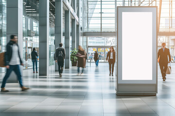 A blank white vertical billboard is located in the center of a shopping mall, surrounded by people walking and holding shopping bags. Concept of activism in modern urban spaces. Copy space. Banner