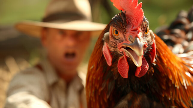 A man is standing next to a chicken with a red beak. The man is wearing a hat and he is surprised by the chicken's actions. farmer fighting a giant chicken