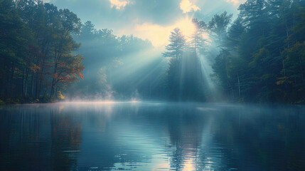 A serene lake enveloped in a veil of morning fog, creating an air of tranquility and mystery