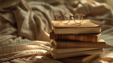 glasses on a stack of books