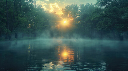 A serene lake enveloped in a veil of morning fog, creating an air of tranquility and mystery - obrazy, fototapety, plakaty