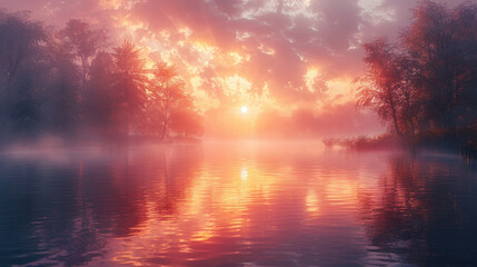 Fototapeta na wymiar A serene lake enveloped in a veil of morning fog, creating an air of tranquility and mystery