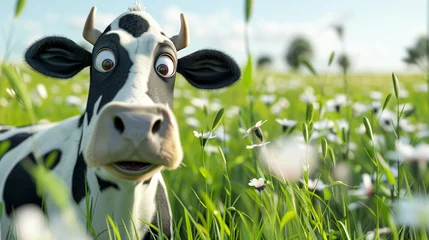 Fotobehang A cartoon cow is standing in a field of flowers. The cow has a big smile on its face and is looking at the camera. The scene is bright and cheerful, with the cow. Cow looking surprised © Nataliia_Trushchenko