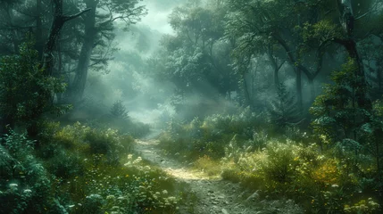 Foto auf Acrylglas A winding forest path obscured by a blanket of morning fog, inviting exploration and discovery © Veniamin Kraskov