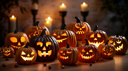 Eerie Halloween Pumpkin Carvings and Candlelight Ambiance