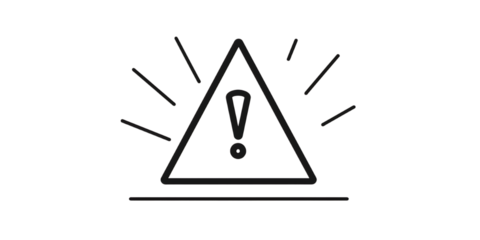 A simple vector line drawing of an exclamation mark inside a triangle, with a white background, in the style of a logo