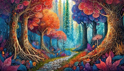 Fototapeta premium background with painting forest and pathway