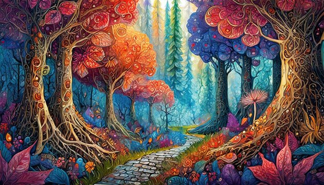 background with painting forest and pathway