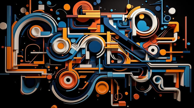 Complex Circular and Geometric Abstract Design in Blue and Orange