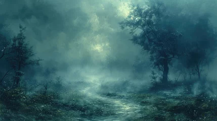 Poster A winding forest path obscured by a blanket of morning fog, inviting exploration and discovery © Veniamin Kraskov