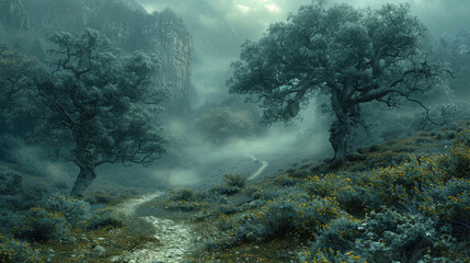 A winding forest path obscured by a blanket of morning fog, inviting exploration and discovery - obrazy, fototapety, plakaty