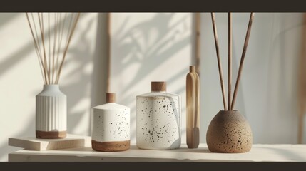 Minimalist incense decor, brutalist ceramics, luxury packaging mockup, aesthetic air freshener